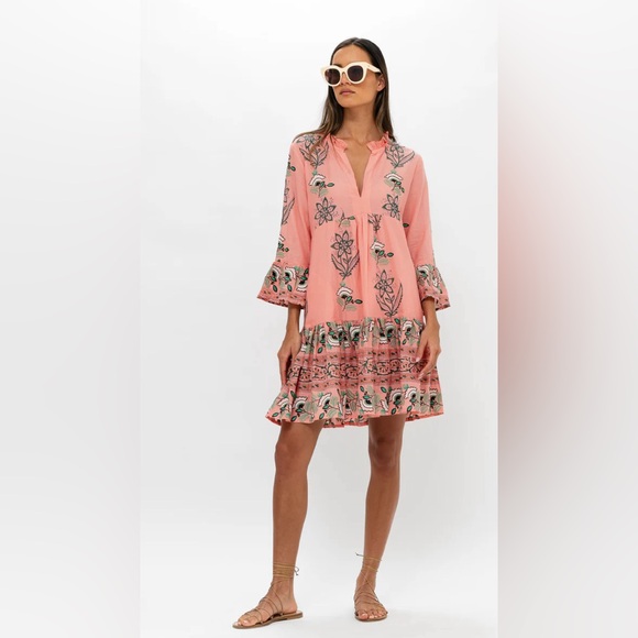 EUC OLIPHANT Udaipor Bell Sleeve Tiered Mini Dress Size 2XL Coral/Green Worn 1x! - Picture 1 of 16